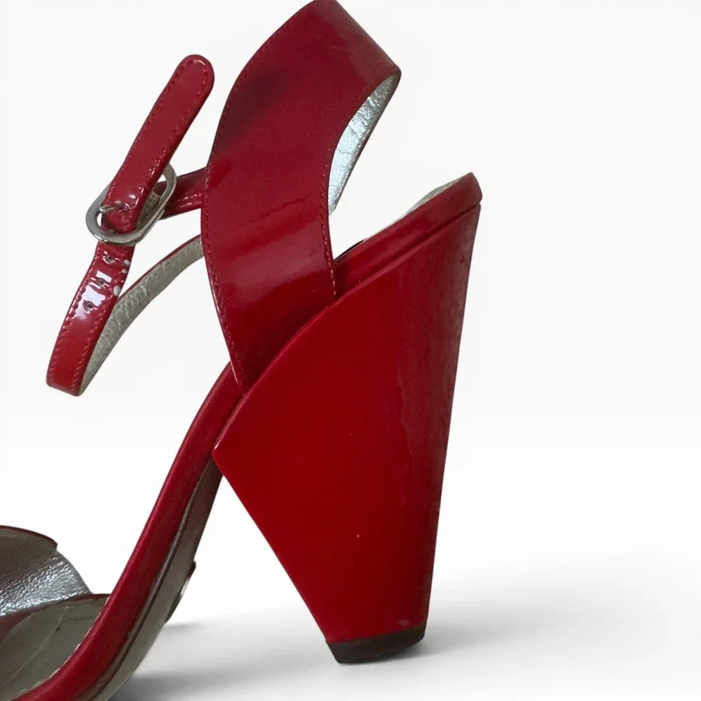 Dolce & Gabbana Sandals Womens 37.5 Red Patent Leather Peep Toe Cone Heel Italy